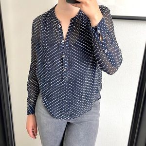 J. Crew Confetti Dot Button Up Silk Blouse Navy with Embroidered White